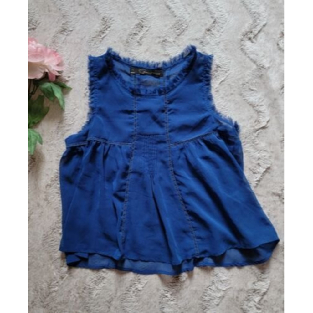 Patterson J Kincaid Blue Fringe Collar Sleeveless Semi Sheer Eyelet Detail Sz XS